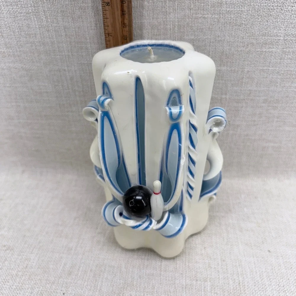 Vintage‎ Virginia Beach Candle Factory Hand Carved Bowling Candle Blue White 6